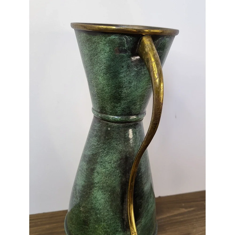 Vintage Sabra Israel Verdigris Brass Pitcher MCM Green Vase 12.5in